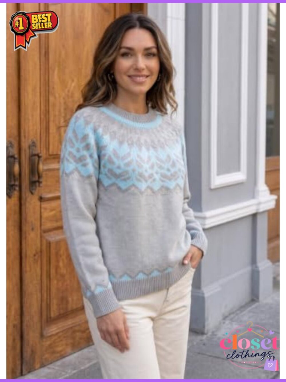 Nordic Fair Isle Knit Sweater Pullover Crew Neck Long Sleeve - Picture 5 of 5